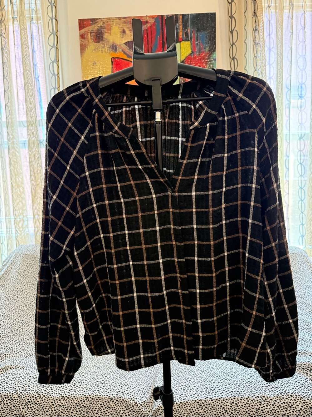 Jane and Delancey Black Plaid V-Neck Long-Sleeve Blouse
